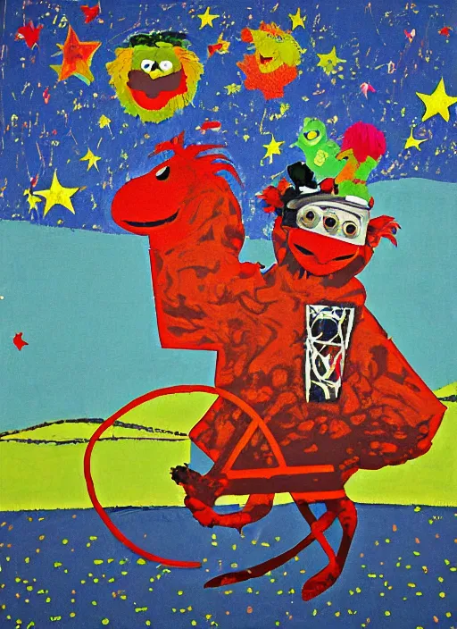 Image similar to expressionistic decollage painting, trash can tarot card fool with sesame street elmo and kermit muppet knight on a horse in a dark red cloudy night sky with golden foil jewish stars, mountain lake and blossoming field in background painted by adrian ghenie, francis bacon, daniel richter and hilma af klint, pixel art, buff painting, color field painting, low effort graffiti, rich deep colors, ultra naive, children painting, cy twombly painting, part by Philip Guston and Frank Stella art by Rothko, 8k, extreme detail, intricate detail, masterpiece