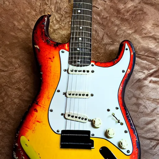 Image similar to sunburst relic stratocaster style guitar, blue, red, and yellow sunburst body, ssh, roasted relic maple neck, in a vintage studio on an old dusty sofa, ultra detailed, cinematic, 4 k