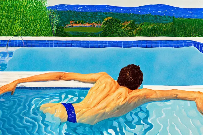 Image similar to justin trudeau sunbathing in a swimming pool in a house in california, summer blue sky, shimmering water, lush trees and bushes garden lawn, by david hockney, peter doig, lucien freud, francis bacon, pop realism, oil on canvas