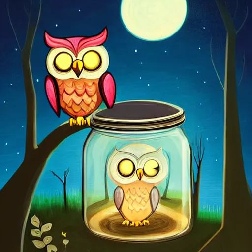 Image similar to a cute cartoon picture of an adorable owl of athena!! next to a a jar of fireflies! in the woods, a storybook illustration by arabella rankin and nyuju stumpy brown, behance contest winner, featured on pixiv, context art, storybook illustration, pop surrealism, nightscape, digital illustration