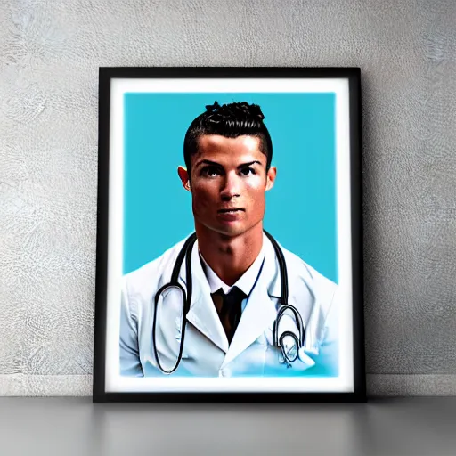 Image similar to cristiano ronaldo as doctor, accurate, 30mm, face, soft colours, dramatic lighting, nikon