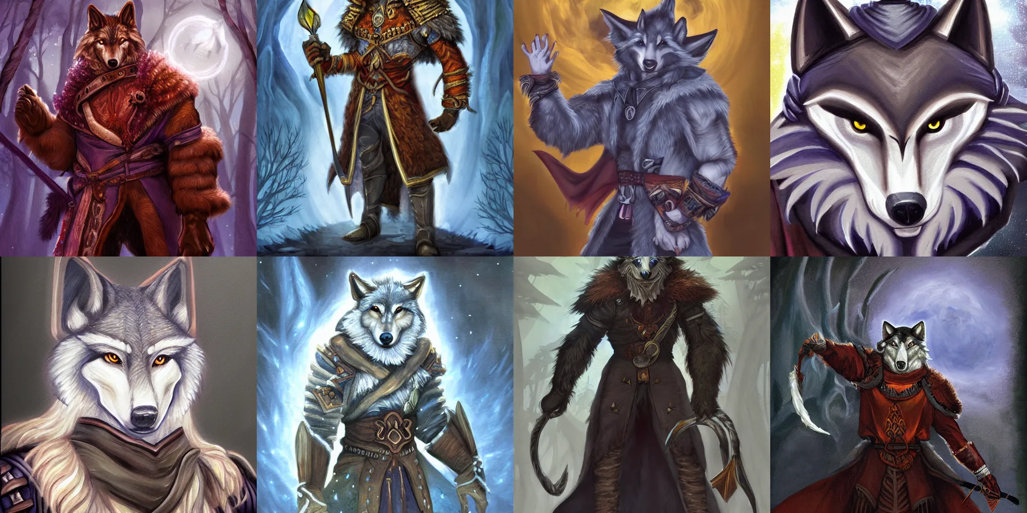 Prompt: A painting of an anthropomorphic wolf mage, DnD portrait, Neverwinter Nights
