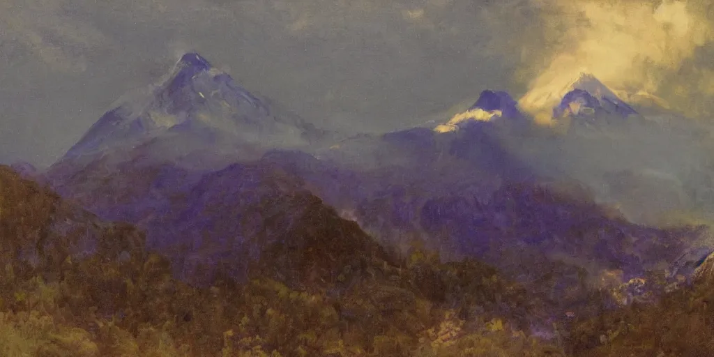 Image similar to painting of mount kinabalu, blue and purple lighting by solomon joseph solomon and richard schmid and jeremy lipking victorian genre painting full length portrait