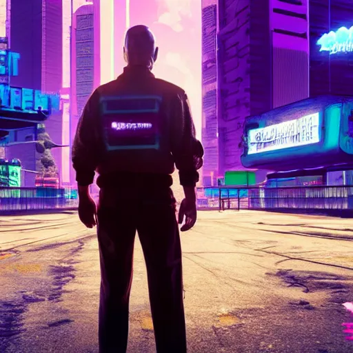 Image similar to walter white from breaking bad in cyberpunk 2 0 7 7 with futuristic city, 4 k, hyper realistic, synthwave, vapor wave, futuristic, advanced