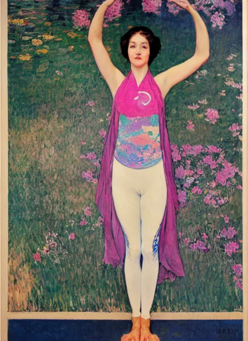 Prompt: an art nouveau painting poster of a girl doing yoga with a futuristic kimono and leggins in middle of a landscape by norman rockwell and monet