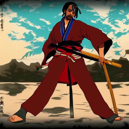 Image similar to Snoop dogg samurai Champloo Champloo defensive stance with katana, in style of samurai anime, artsation, close up