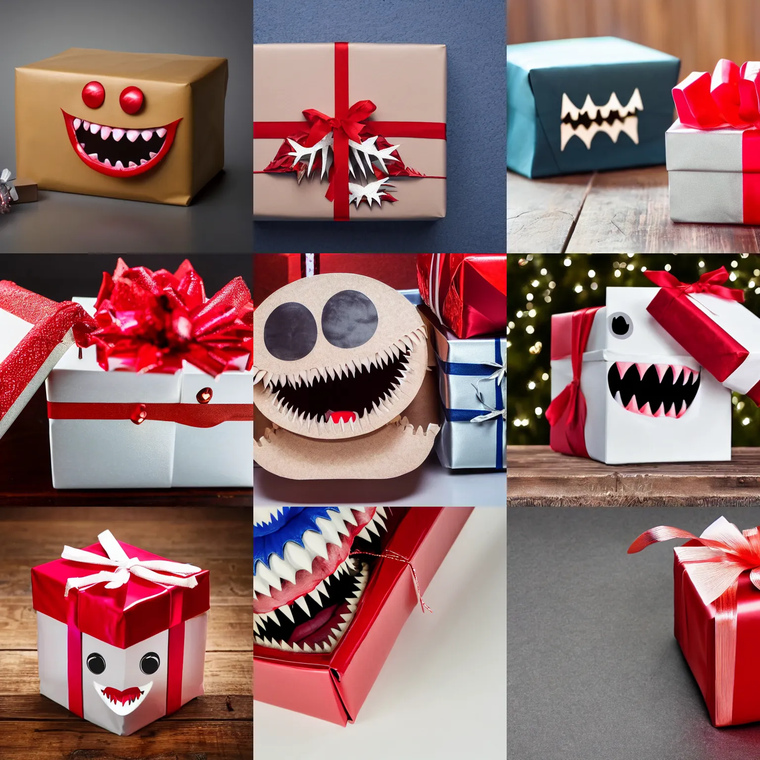 Prompt: a mouth with sharp teeth on the side of a beautiful wrapped gift box, the gift box has a mouth with sharp teeth is on its side, the box is lying on a table in the living room, professional photography, award - winning, realistic, 4 k, imax