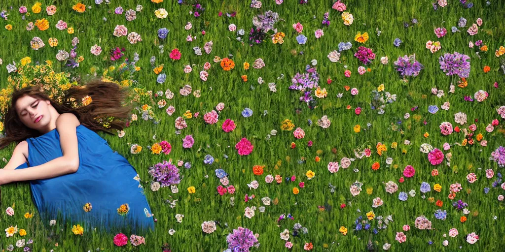 Prompt: a girl laying in a field of flowers reading a book, greg rutkowski, zabrocki, karlkka, jayison devadas, trending on artstation, 8 k, ultra wide angle, zenith view, pincushion lens effect