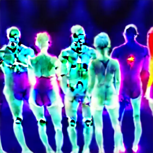 Image similar to diverse groups of humans with glowing electronic body implants projecting amazing images collectively, from behind, rebirth, beauty, wide angle, elaborate, wet, highly detailed, colors, beautiful lighting