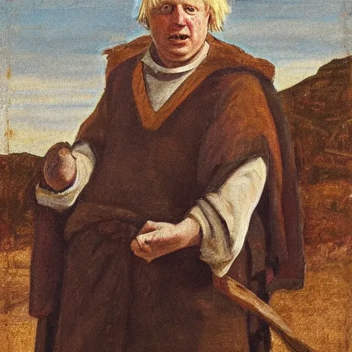 Image similar to boris johnson as a peasant from 1 2 th century england, exhibited in the british museum, oil on canvas, art, restored painting, 1 2 th century