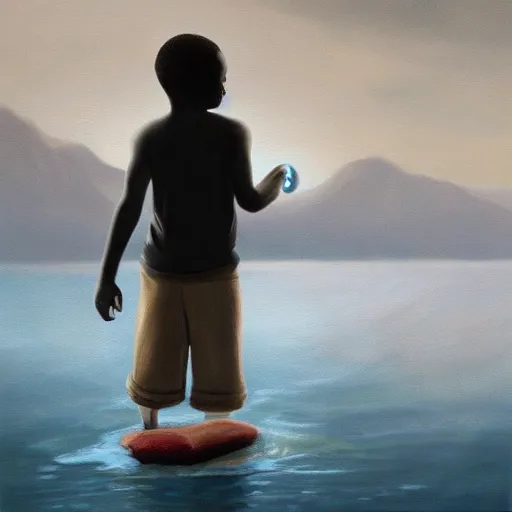 Prompt: a retro realistic painting of a ghost!!! shining in a lake while a black kid! stares at it with a florest! in the background, a scenic view, realistic, volumetric light, detaliesd painting by Naudline Cluvie Pierre, trending on artstation.