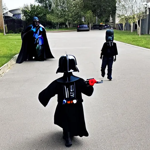 Image similar to darth vader walking kids to the kindergarten