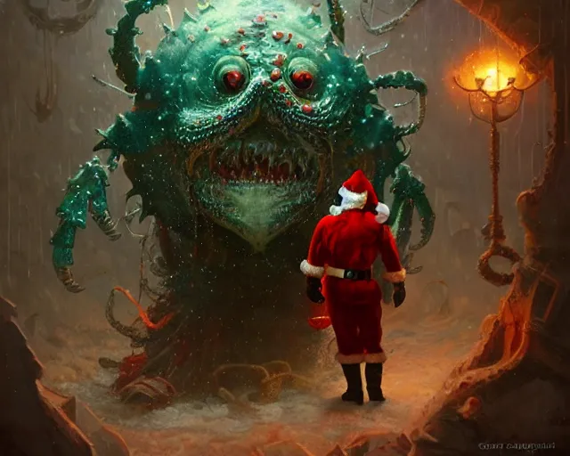 Prompt: the shoggoth wearing a santa costume, christmas themed winter background, lobster claws, santa beard, by greg rutkowski and frank frazetta, intricate, artstation, vibrant, cinematic, style of magic : the gathering