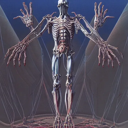 Image similar to biomechanical human raising his hands into the sky of the machine by wayne barlowe