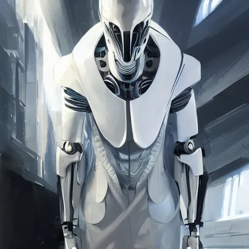 Image similar to portrait of a character with many robotic eyes, wearing sleek clothes, wearing a flowing white tailcoat, wearing a futuristic insectoid armored white mask with five circular lenses for eyes, the mask covers his entire face, many eyes, dramatic lighting, illustration by Greg rutkowski, yoji shinkawa, 4k, digital art, concept art, trending on artstation