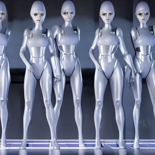 Prompt: troop of cloned women with white bob hairdos, tight light blue neopren suits, futuristic cloning facility, sci - fi, highly detailed, cinematic