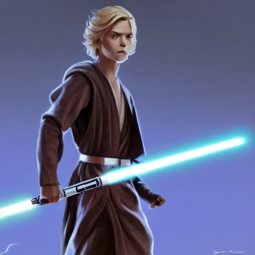 Image similar to full body Over-the-Shoulder Shot of a young blonde male jedi with short hair with his blue lightsaber is ignited illuminating him and the scene, concept art by Doug Chiang cinematic concept art, realistic painting, high definition, digital art, matte painting, symmetrical, very detailed, realistic, dramatic lighting, cinematic, establishing shot, extremely high detail, photo realistic, cinematic lighting, post processed, concept art, artstation, matte painting, red color scheme, the Mandalorian concept art style