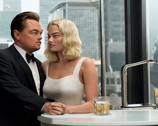 Prompt: leonardo dicaprio as the wolf of wall street next to margot robbie as naomi from the wolf of wall street, hyper realistic faces, hyper realistic eyes, cinematic, long shot, hyper detailed, 8 5 mm photograph, 8 k resolution, film still, sharp lens, wide lens