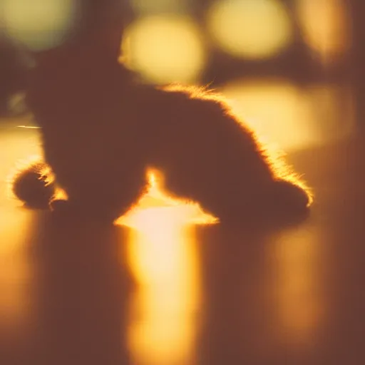 Image similar to an adorable smol fluffy kitten at golden hour, bokeh,