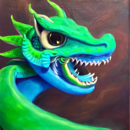 Image similar to a cute blue and green dragon, chubby, oil on canvas, furry