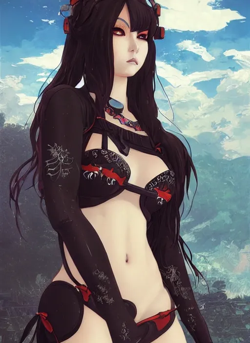 Image similar to portrait of beautiful young gothic anime maiden in bikini armor, cute-fine-face, pretty face, realistic shaded Perfect face, fine details. Anime, cyberpunk, highly detailed, artstation, illustration, art by Ilya Kuvshinov and Gustav Klimt