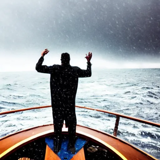 Prompt: man holding the ship's wheel during a storm at sea