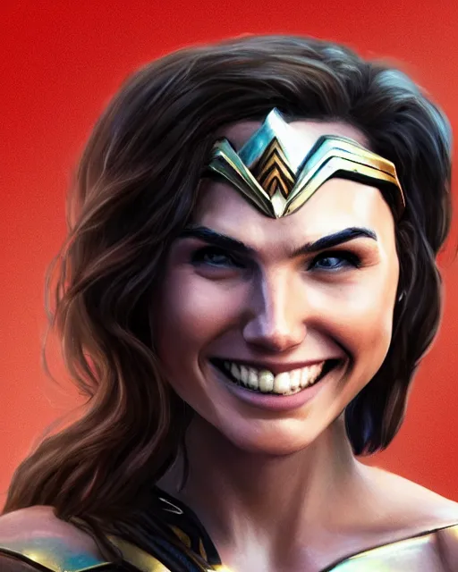 Image similar to cu portrait photo of a smiling gal gadot playfully sticking out her tongue while dressed as wonder woman, photorealistic, trending on artstation