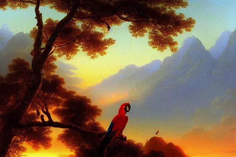 Prompt: gorgeous scarlet macaws flying at beautiful sunset in the distance through the forest, jungle mountains in the background, highly detailed, trending on art station, very detailed birds, art y ivan aivazovsky