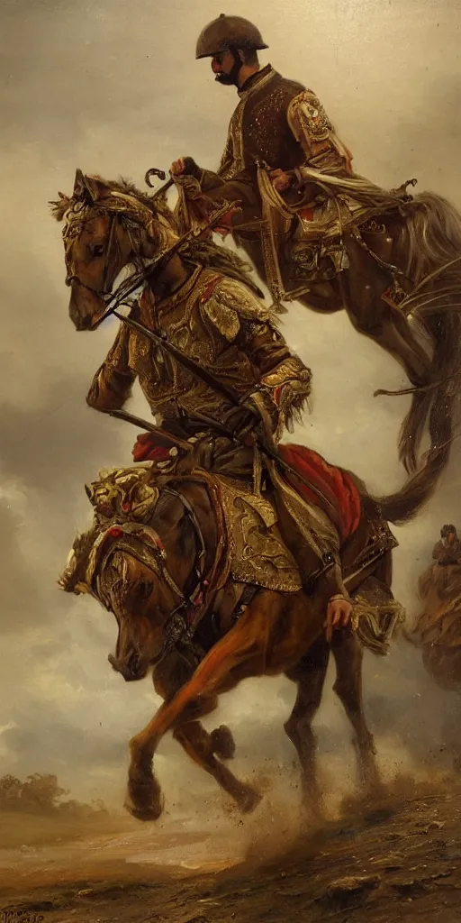 Image similar to Highly detailed and cinematic romantic period oil painting of an Arabian soldier riding a rearing horse, strong atmosphere, oil painting masterpiece by Josep Tapiró Baró, symmetry, fractals