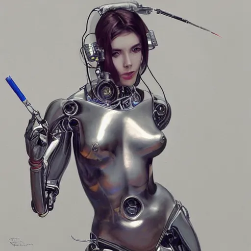 Image similar to female robot, chrome, holding paintbrush, incredibly detailed face, pretty face, true anatomy, art by artgerm and greg rutkowski and alphonse mucha