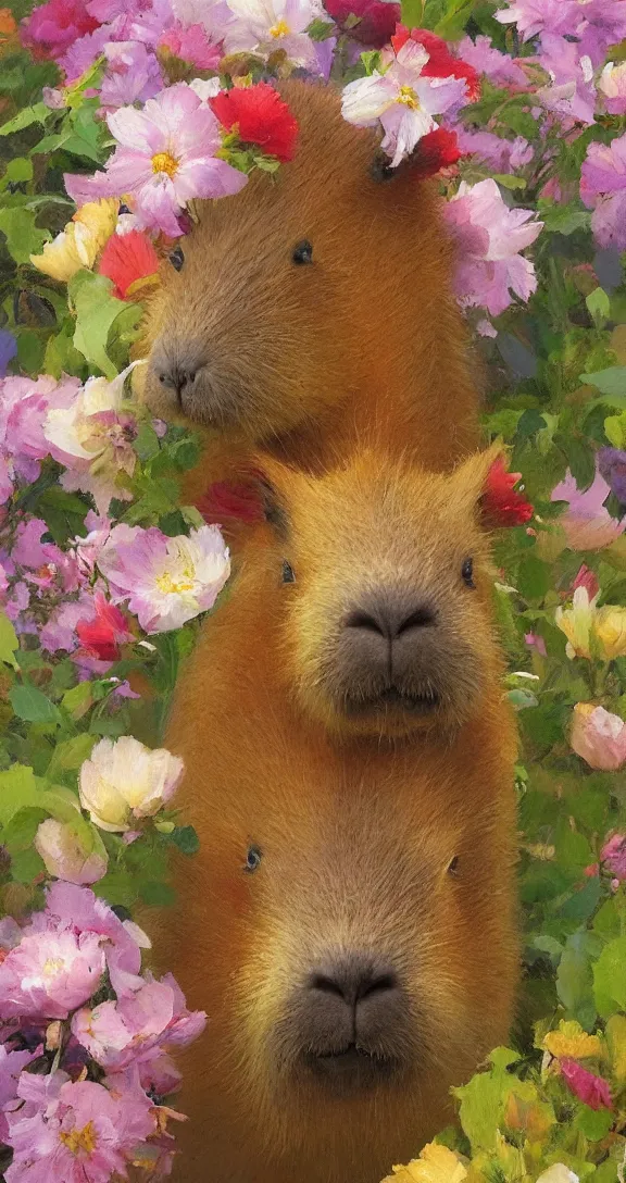 Image similar to romantic detailed portrait of a capybara surrounded by beautiful flowers, by gregory manchess, james gurney, james jean