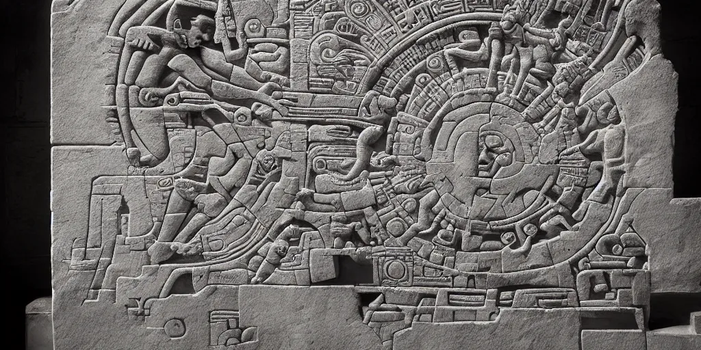 Image similar to pascal votan the space navigator as etched in stone, Mayan hieroglyph by Liam Wong and Boris Vallejo