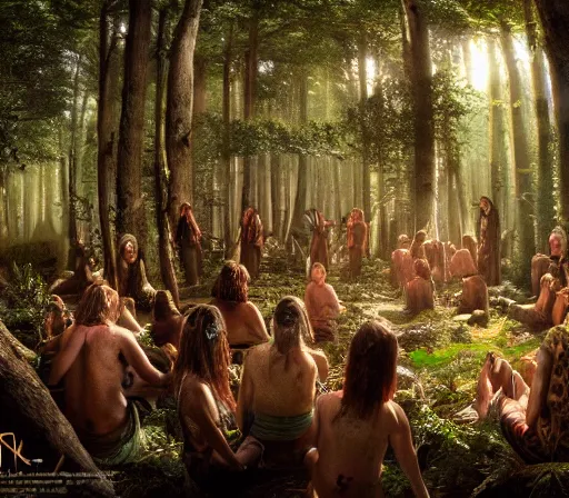 Image similar to a shamanic gathering of a tribe in a magical forest, spiritual connection with the forest, extreme detail, sharp focus, 8 k, intricate, hyper detailed, cinematic lighting