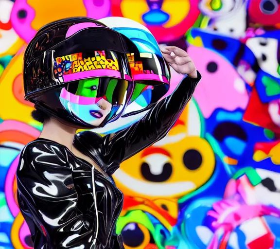 Image similar to portrait of a glossy black marble statue of an anime girl with colorful motocross logos and motorcycle helmet with reflective mirrored visor, colorful billboards in the background, carved marble statue, fine art, in the style of virgil abloh, in the style of takashi murakami,