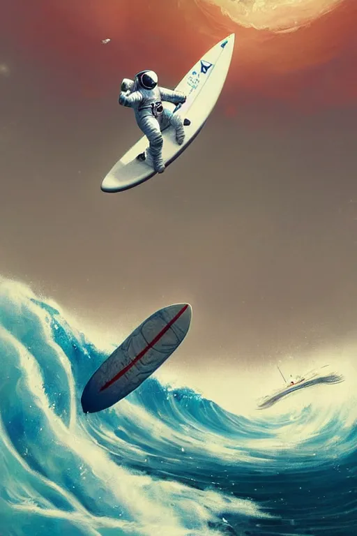 Image similar to a beautiful digital painting of an astronaut in a white space suit surfing the great wave on a surfboard by greg rutkowski, photorealistic, trending on artstation, octane render