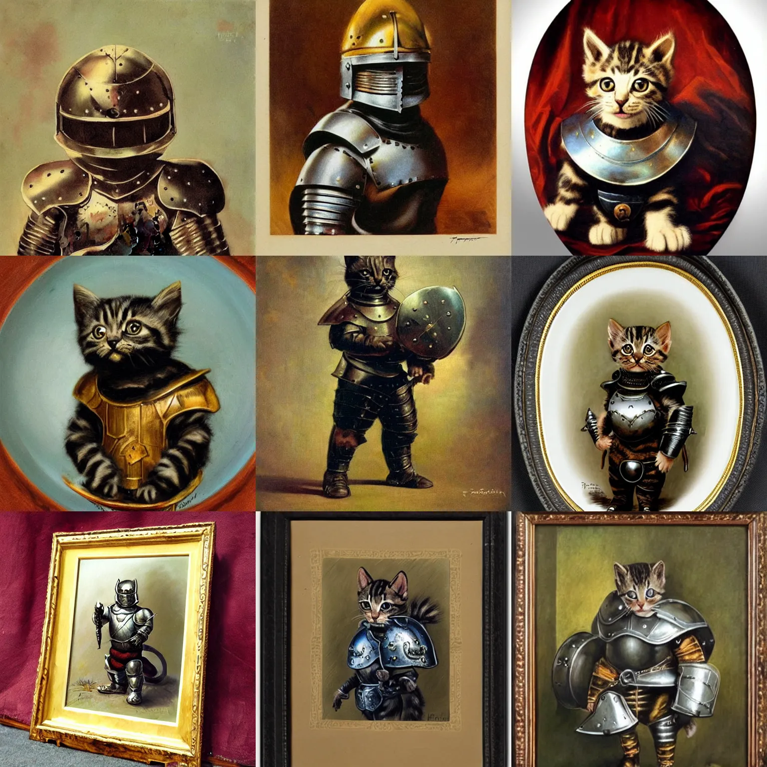 Prompt: kitten wearing plate armour, portrait, frank frazetta
