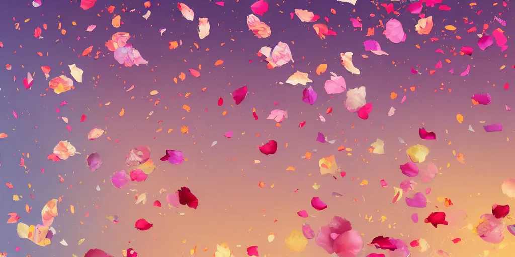 Image similar to background art of spaciously scattered flower petals flowing and flowing through the air from left to right on a simple sunset background, large individual rose petals, polygonal fragments, anime, artgerm, manga, trending on artstation, art nouveau, mature color scheme