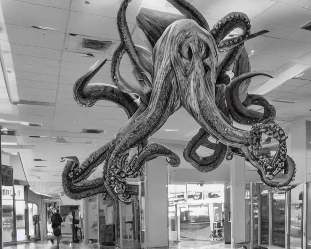 Image similar to camera footage of a extremely aggressive Giant mutated Octopus with glowing white eyes in an abandoned shopping mall, Psychic Mind flayer, Terrifying :7 , high exposure, dark, monochrome, camera, grainy, CCTV, security camera footage, timestamp, zoomed in, Feral, fish-eye lens, Fast, Radiation Mutated, Nightmare Fuel, Wolf, Evil, Bite, Motion Blur, horrifying, lunging at camera :4 bloody dead body, blood on floors, windows and walls :5