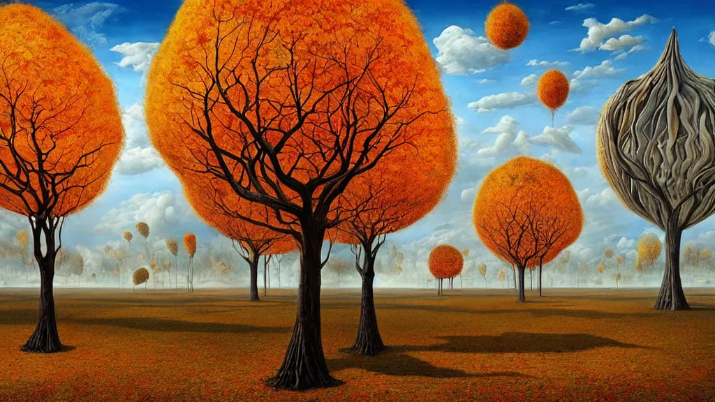 Prompt: surreal landscape, surrealism, symmetrical, whirling autumn trees, esao andrews, victor enrich, dali