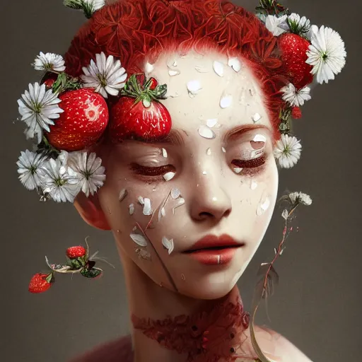 Image similar to the portrait of an absurdly beautiful, graceful, elegant, sophisticated, fashionable young woman made of strawberries and white petals with tears, an ultrafine hyperdetailed illustration by kim jung gi, irakli nadar, intricate linework, bright colors, octopath traveler, final fantasy, unreal engine 5 highly rendered, global illumination, radiant light, detailed and intricate environment