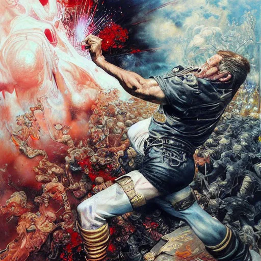 Image similar to realistic detailed UHD photorealistic Duke Nukem punching a Nazi, by Ayami Kojima, Amano, Karol Bak, Mark Brooks, tonalism, rich deep colors. Beksinski painting, art by Adrian Ghenie and Gerhard Richter. art by Takato Yamamoto. masterpiece