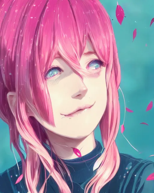 Image similar to happy teenage girl side face with pink curly pastel hair .Many single strips of hair floating in the air. Bright big eyes. Fine particles of red leaves.，cute, anime wallpaper，Sunlight on the face.by Krenz Cushart, Ian McQue, Ilya Kuvshinov, CloverWorks.vivid color.Shining highlights