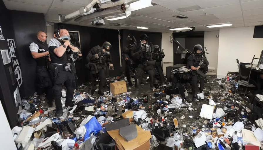 Prompt: SWAT Police group raiding Alex Jones in his INFOWARS studio surrounded by trash and herbal supplements and rubbish and camera equipment, smoke and gas, dramatic press photo