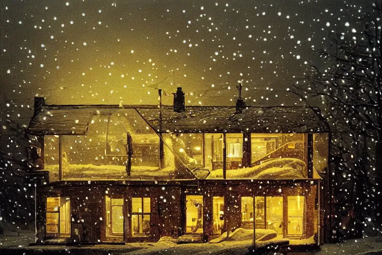 Image similar to cyberpunk, winter in the snow, Christmas lights, external view of a 5 bedroom detached cyberpunk house in the UK, by Beksinski