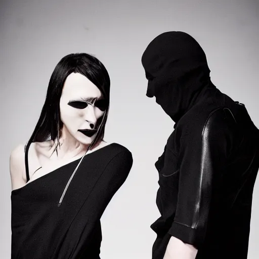 Prompt: a man and a woman performing darkwave music, clothes by rick owens, faces covered, short blond hair, high resolution fashion photography