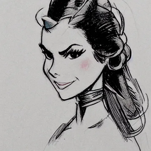 Image similar to milt kahl sketch of victoria justice with done up hair, tendrils covering face and ponytail as princess padme from star wars episode 3