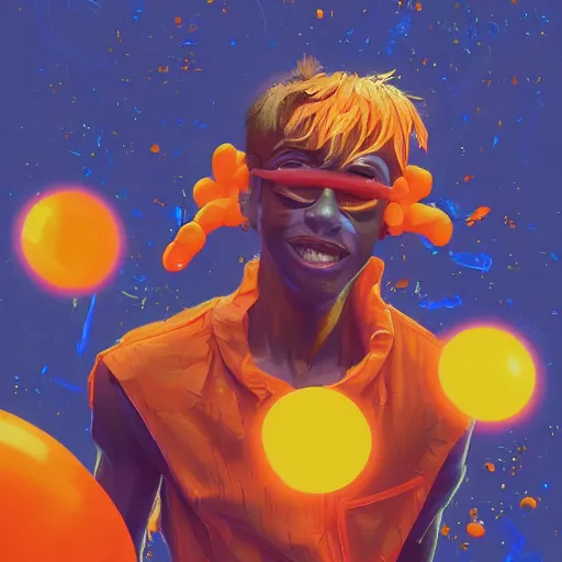 Image similar to a skinny young man with orange hair and glowing orange eyes as a super hero, pixar cute, highly detailed, sharp focus, neon color, digital painting, floating particles, excitement, artwork by Jeremiah Ketner + Mati Klarwein + Fintan Magee + Chris Mars, background artwork by greg rutkowski