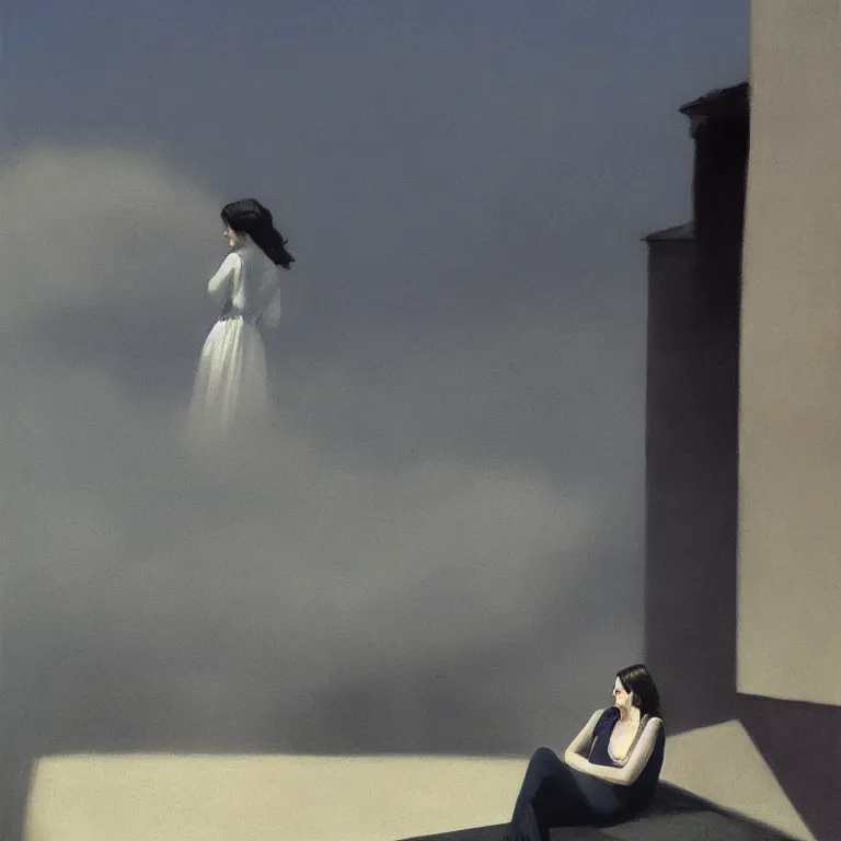 Image similar to Eva Green on a roof, fog, early morning, , painted by Edward Hopper, painted by Wayne Barlow, airbrush