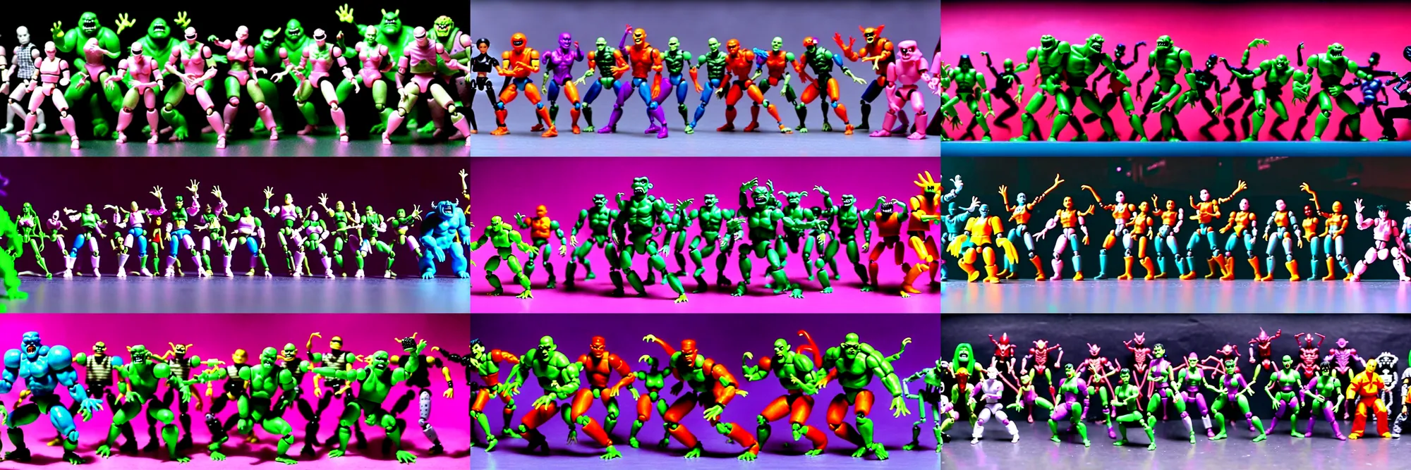 Prompt: hordes of overpowered retro lofi 9 0 s action figure monsters engaged in an epic dance battle, in the style of stop motion and juxtapoz