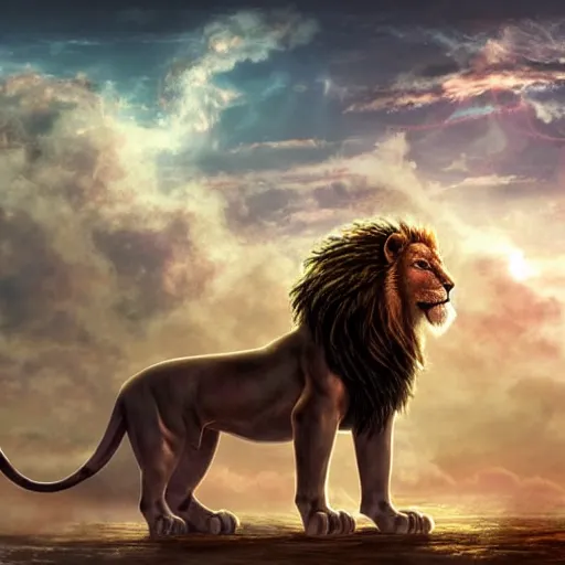 Image similar to the ancient world, hyper complexity, highly detailed, cinematic lighting, pastel colored sunrise, flying robotic lions with gold metal huge wings on its back in the cloudy sky, sharp outlines, complete whole lion body, another sleeping lion face in the clouds watching each other, hyperrealistic, trending on pixiv fanbox, love death robot,